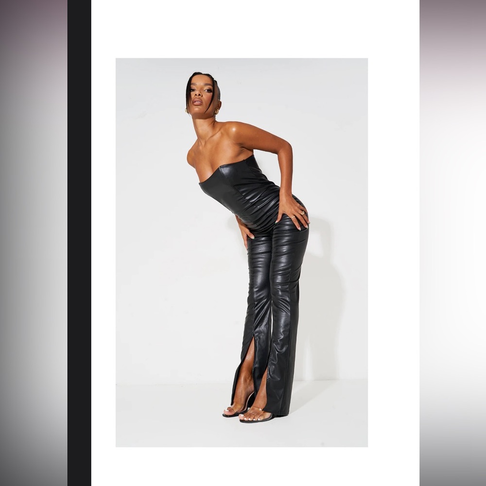 Black strapless faux Leather jumpsuit